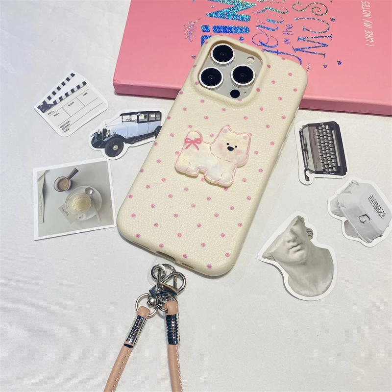 波点西高地适用iPhone14promax手机壳苹果16pro网红15女13手绳12