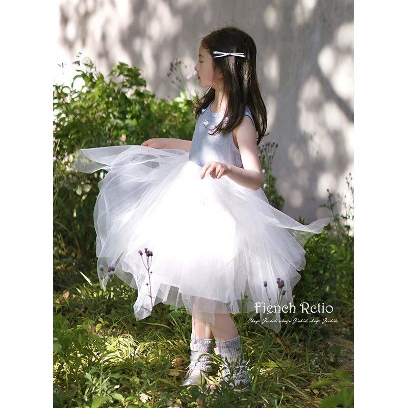 初羽家童装2025夏日新款女童生日裙无袖公主裙儿童网纱背心连衣裙