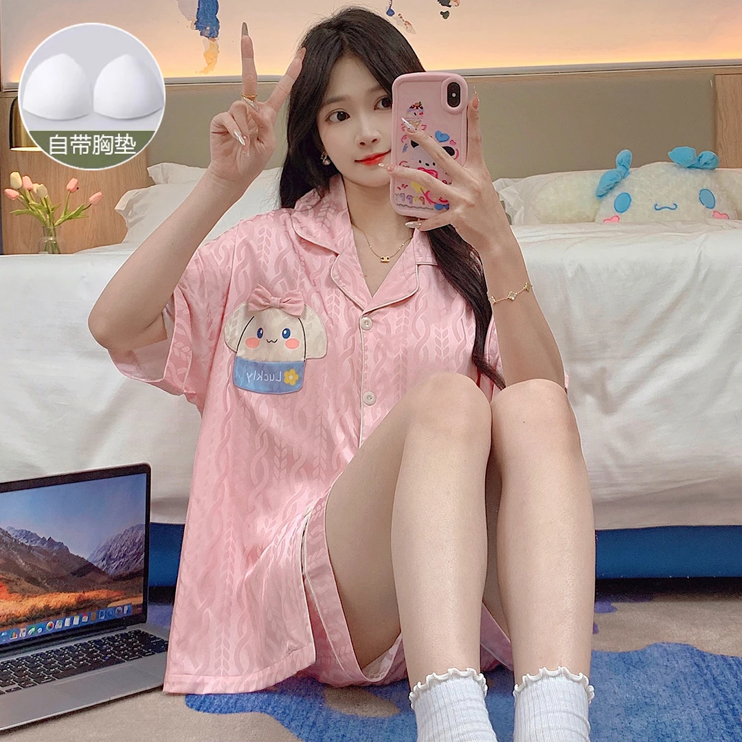 夏季天冰丝凉感大童睡衣少女孩带胸垫一体式短袖高初中学生家居服