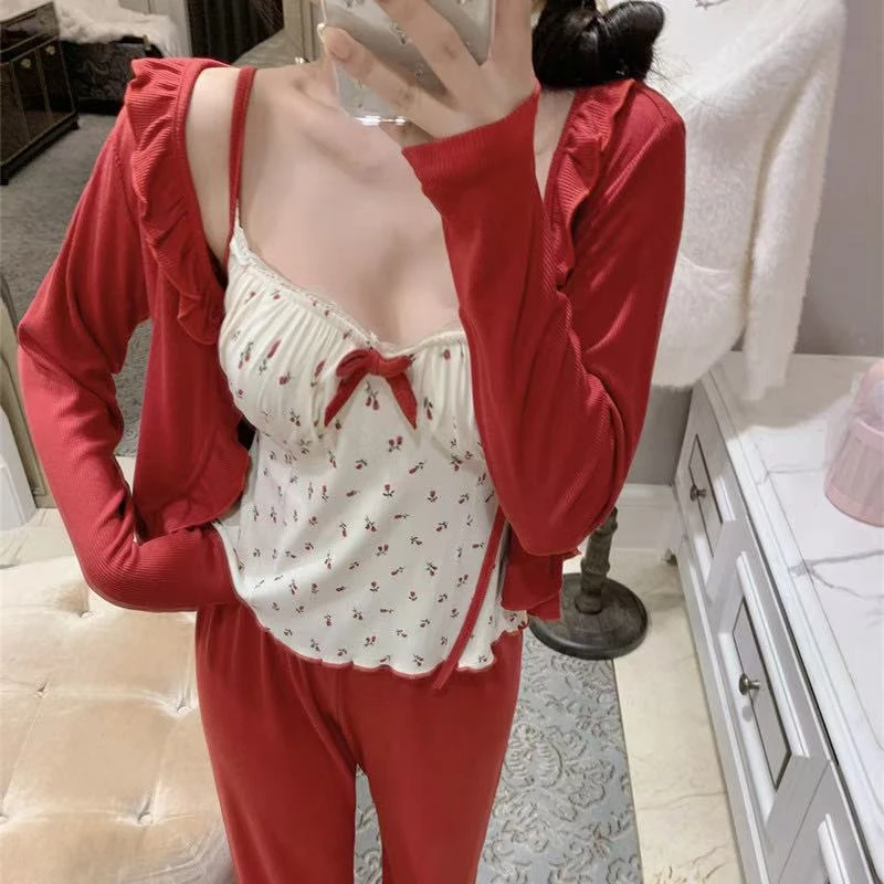新年红色带胸垫睡衣女2025年新款代尔棉碎花长袖长裤三件套家居服