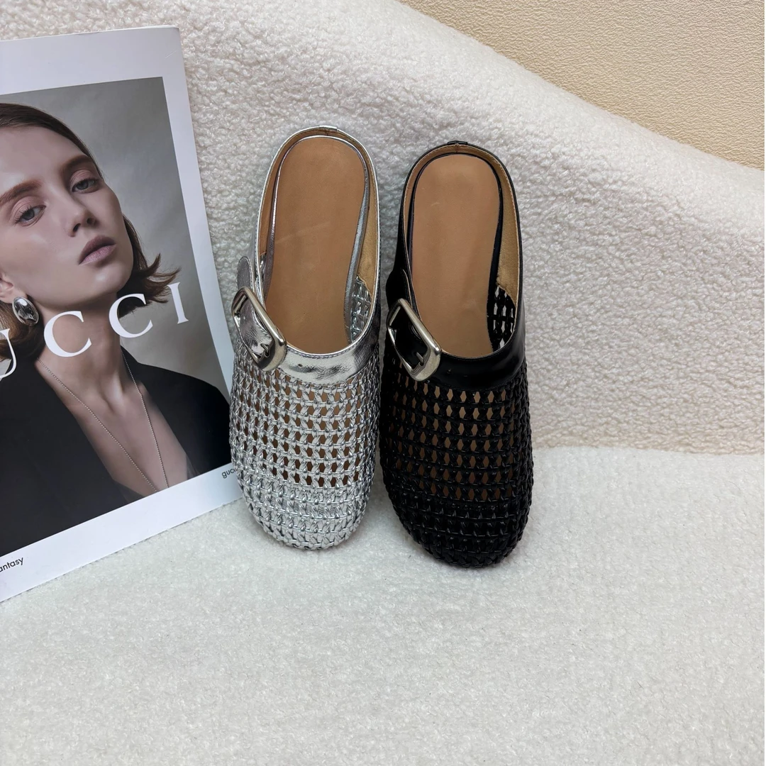 2025春季新款 镂空网面圆头牛皮百搭时尚低跟凉鞋