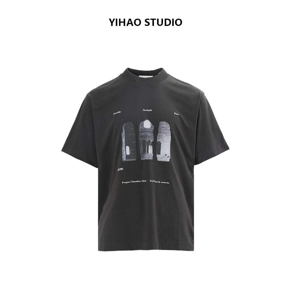 YIHAO STUDIO夏季男款城堡印花纯棉半袖T恤百搭休闲宽松圆领短袖