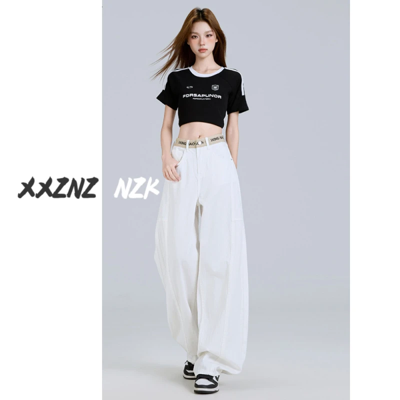 美式复古弯刀阔腿牛仔裤女夏季2025新款白色高腰宽松直筒拖地裤子