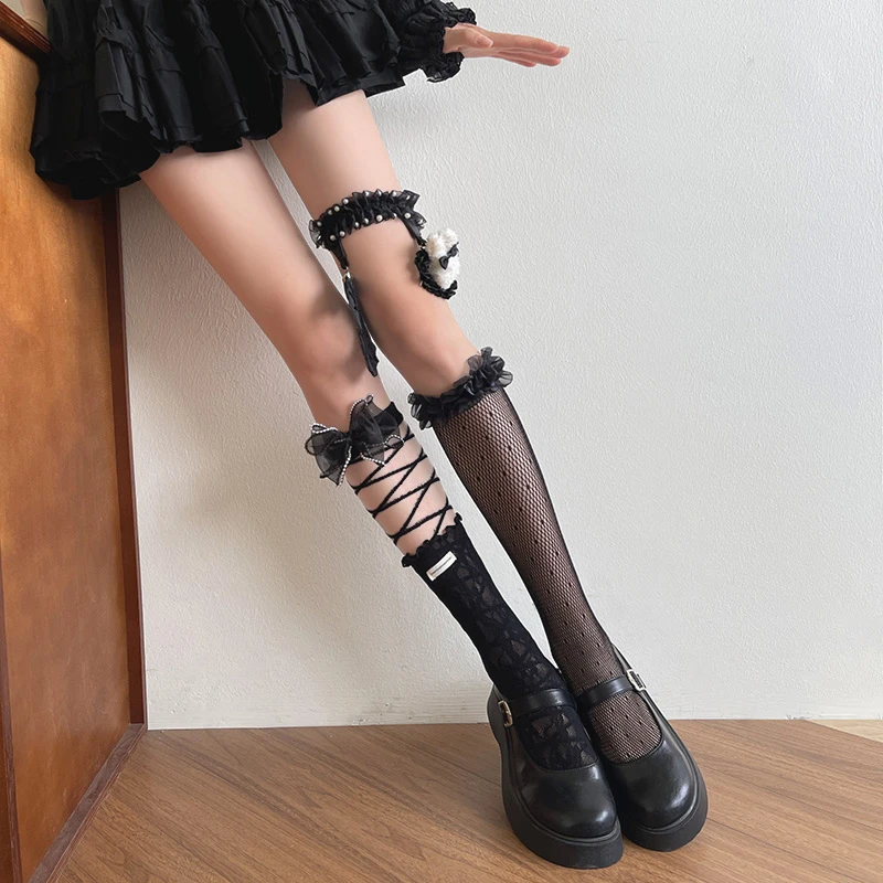袜贵人新品 暗黑系哥特风叠穿搭配玻璃丝水晶花边蕾丝腿环中筒袜