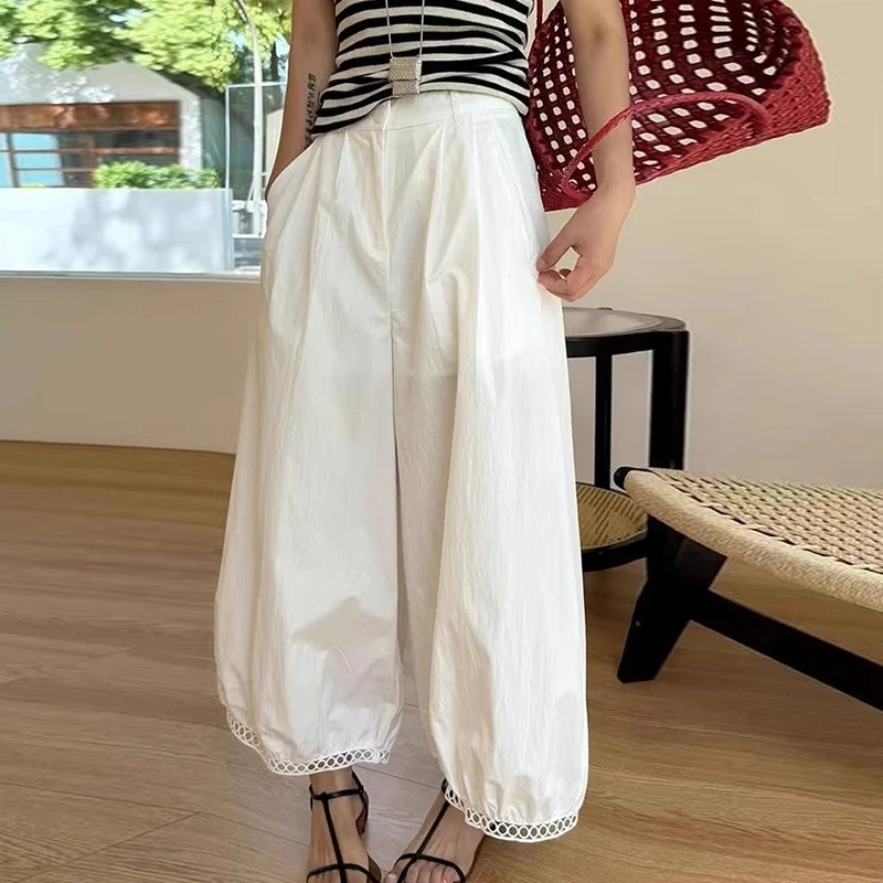 夏季薄款镂空气球裤女韩系复古蕾丝花边宽松显瘦九分阔腿灯笼裤子