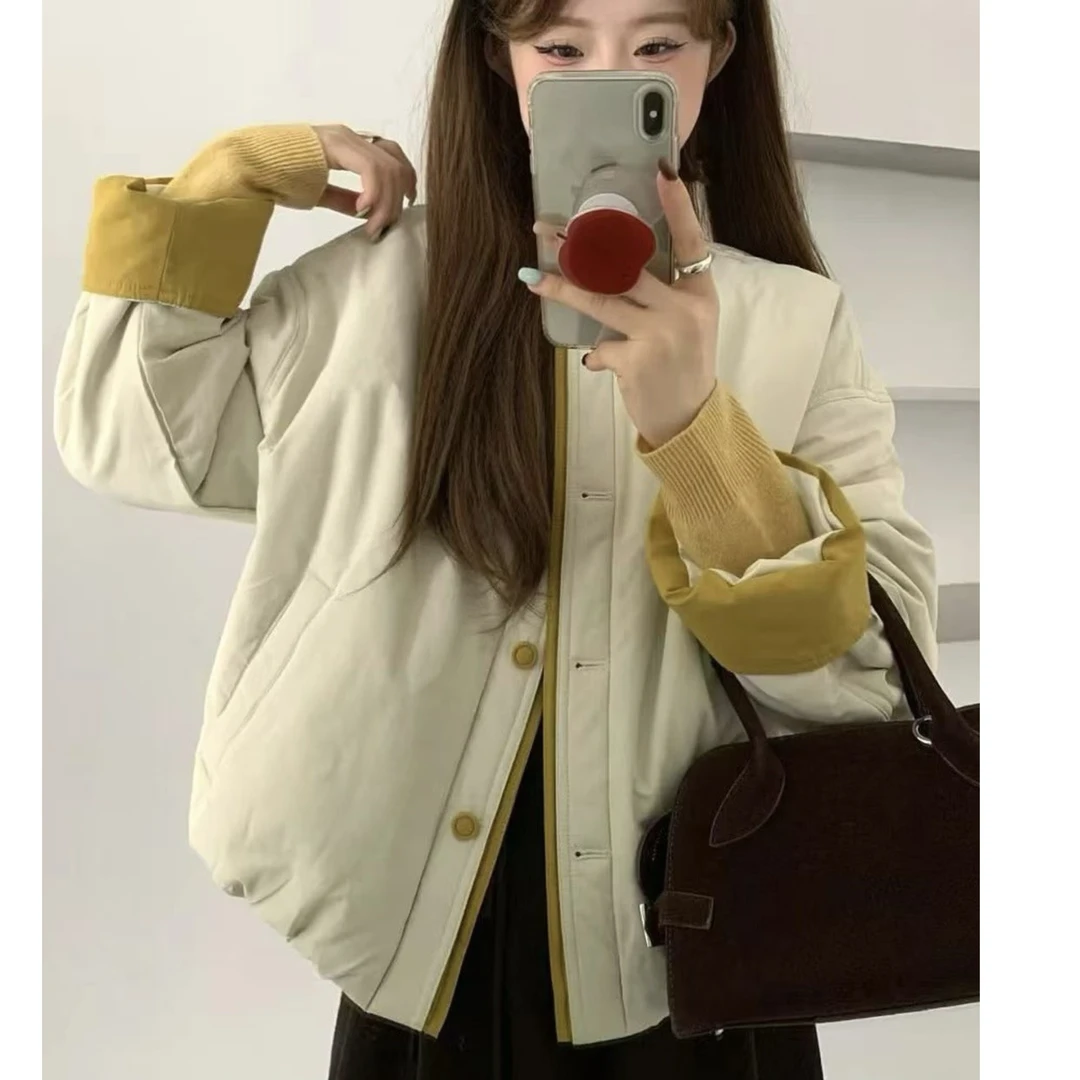 韩系设计感撞色包边圆领棉服外套女2025冬季新款小个子轻薄上衣