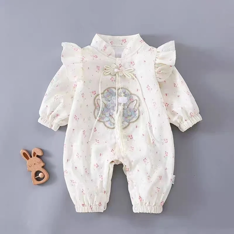 婴儿衣服春秋新款古风中式汉服连体衣女宝宝满月百天周岁公主礼服