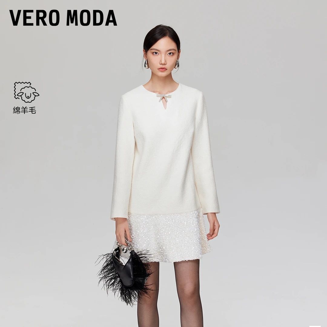 Vero Moda连衣裙2025秋冬新款含绵羊毛亮片拼接A字短裙百搭流光风