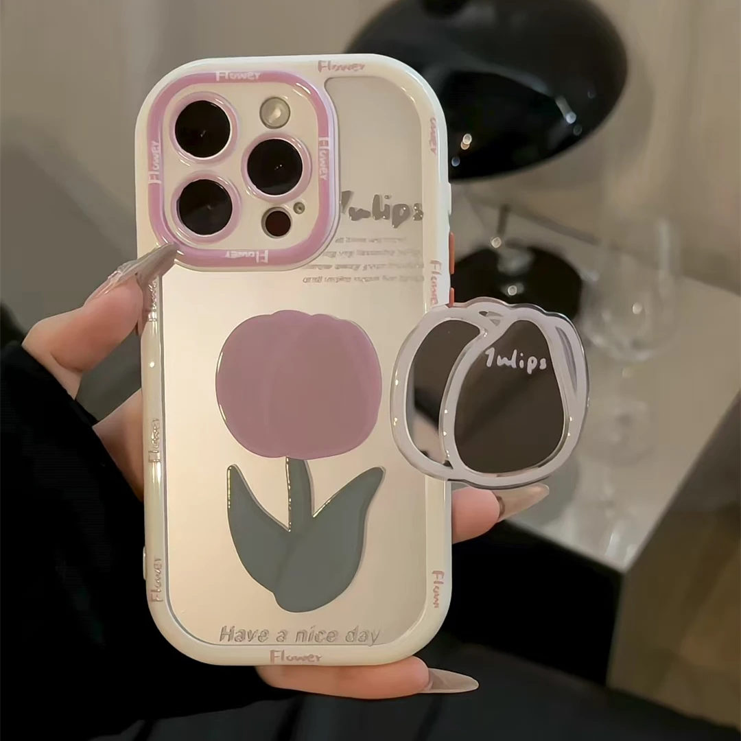 紫色郁金香涂鸦适用苹果16华为p70vivo小米15oppo奶油支架手机壳