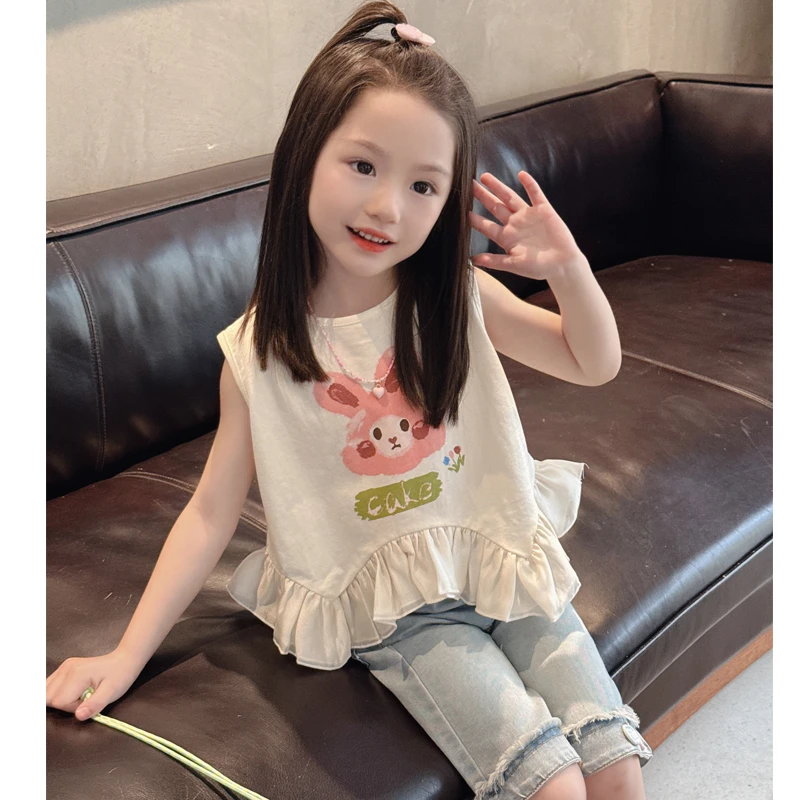 【‌米萝】WWLL定制宝宝夏装女童夏季无袖不规格T恤牛仔中裤洋气可爱
