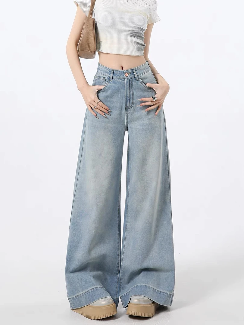 【过款】2025新款百搭显瘦复古高腰直筒阔腿拖地裤女高街宽松牛仔裤