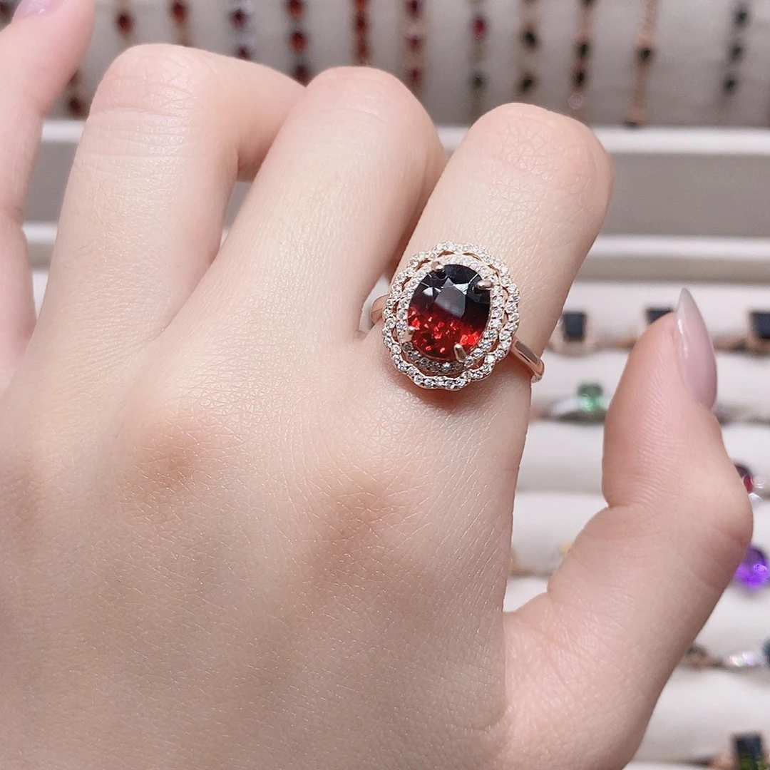 石榴石戒指银S925镶嵌戒指