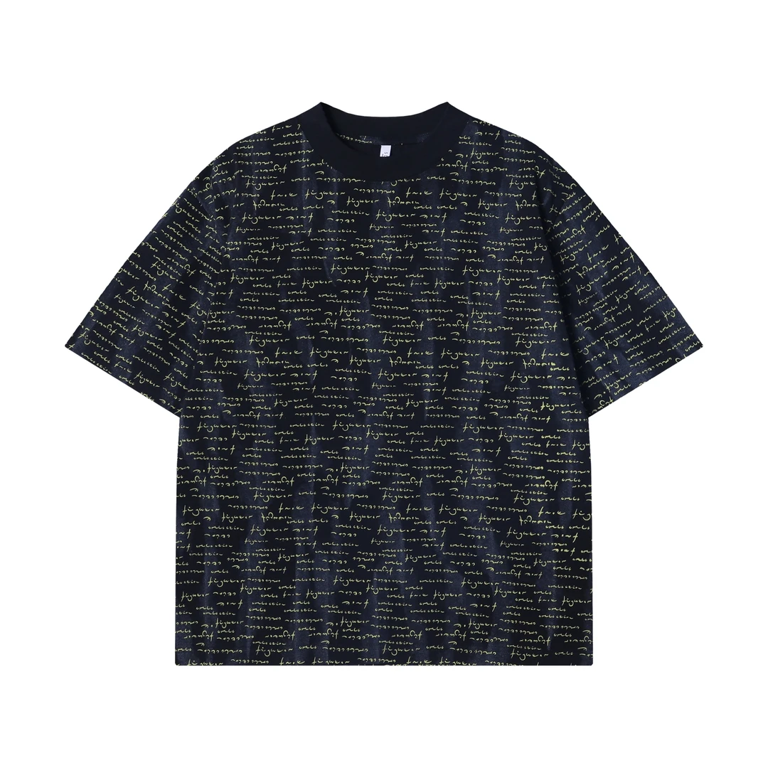 夏季高级感新款韩版撞色简约圆领短袖T恤休闲宽松潮流满印上衣