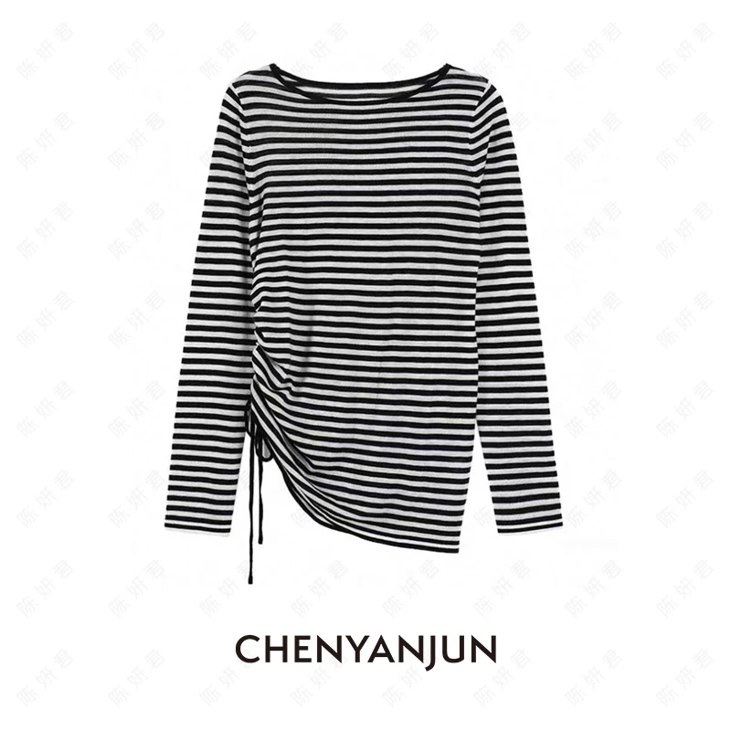 陈妍君【水溶羊毛混纺条纹圆领长袖侧系带T恤】CYJ-JY219-22