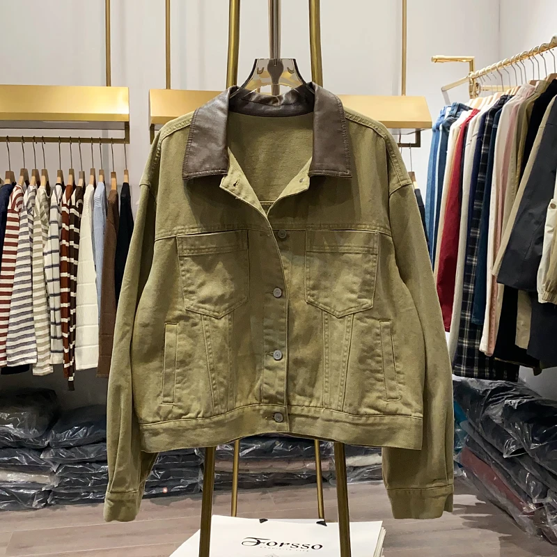 2025早春新款复古撞色翻领工装短款牛仔外套女简约设计感百搭上衣