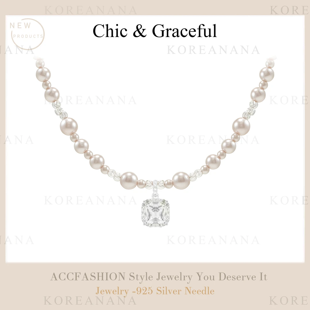 铜合金仿珍珠项链  镀K金 轻奢小众设计方糖珠珠项链E007