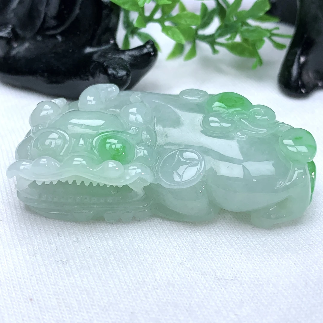 天然缅甸翡翠A货冰润阴阳眼金钱霸王貔貅吊坠48.5−28.8−12.4mm
