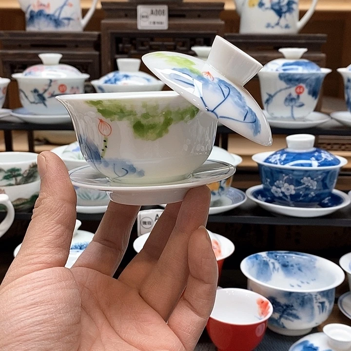 手绘微瑕荷花盖碗