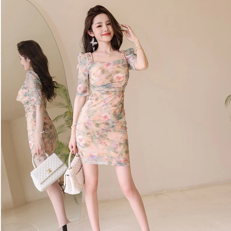夏季法式复古气质印花褶皱修身遮肉显瘦女人味连衣裙10134（10135）