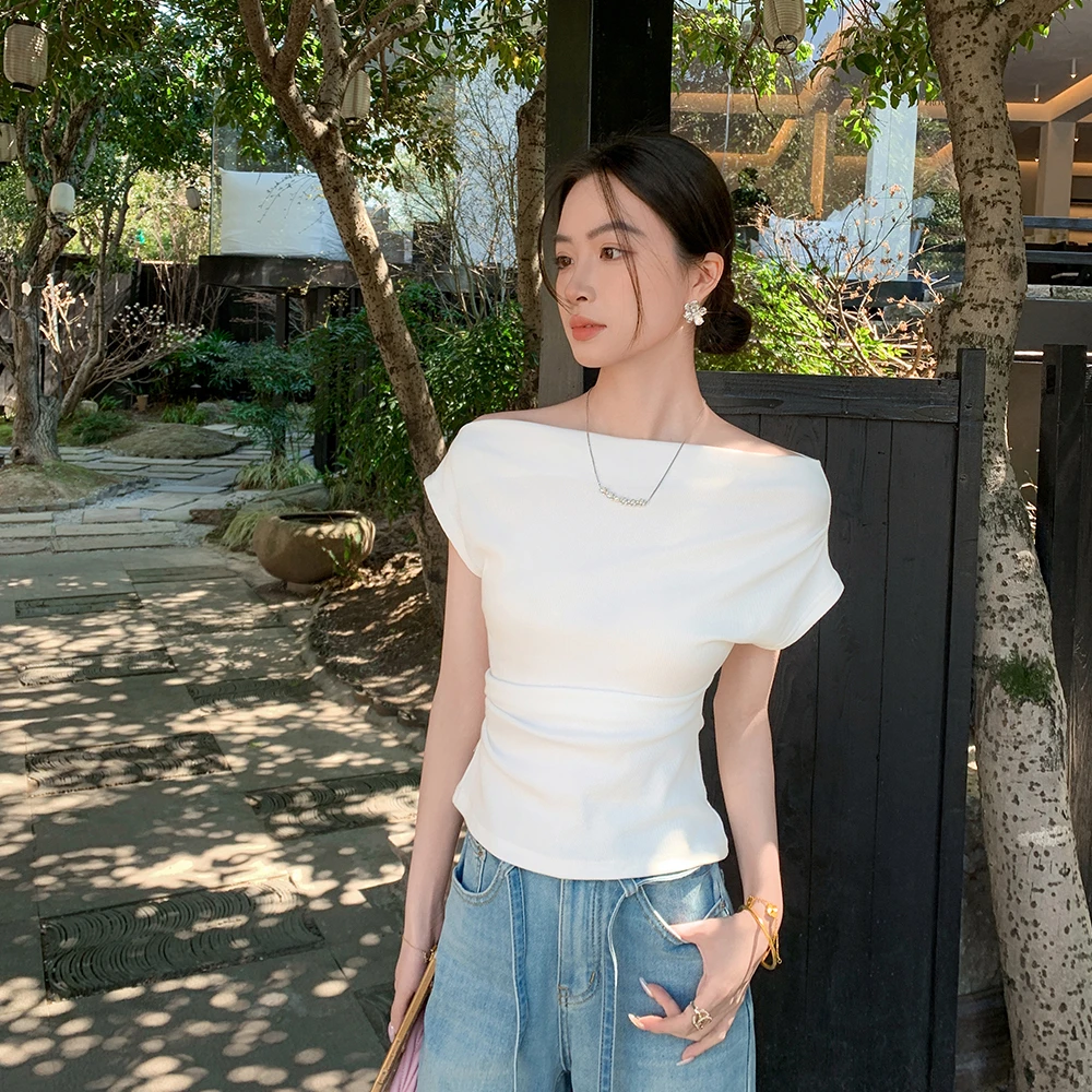 缤菓binguo 白色一字肩设计感短袖T恤女2025夏新款气质显瘦上衣