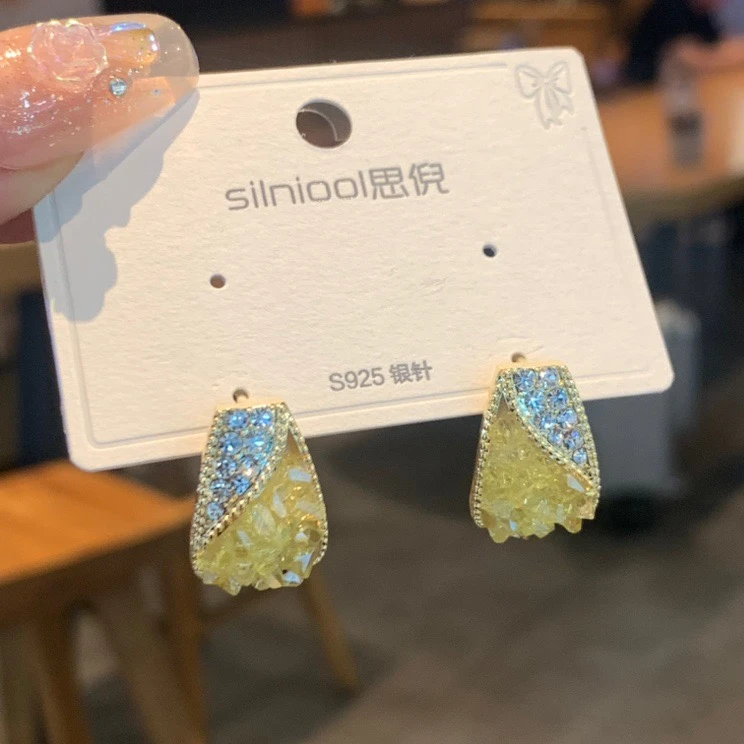 铜合金锆石耳饰 日韩轻奢个性拼接小众耳环几何黄色耳扣耳饰9819