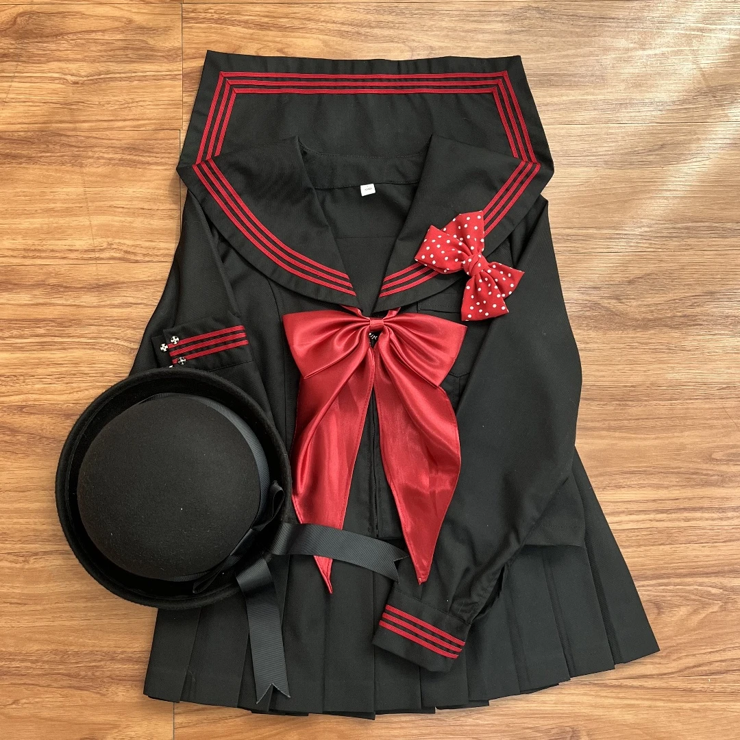 樱木子原创jk日系黑红色三本制服正版基础水手服学院学生中间套装