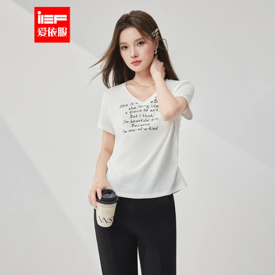 IEF/爱依服上衣2025夏季新款美式时尚休闲字母印花通勤百搭T恤女