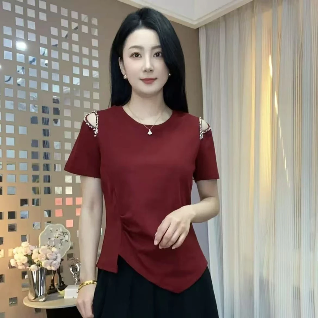 2025夏季新款圆领纯色镂空串珠气质短袖洋气时尚百搭减龄显瘦T恤