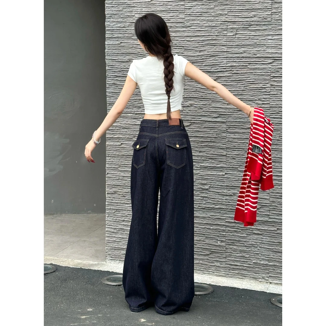 美式复古设计感深蓝色牛仔裤女2025夏季新款高腰宽松阔腿拖地长裤