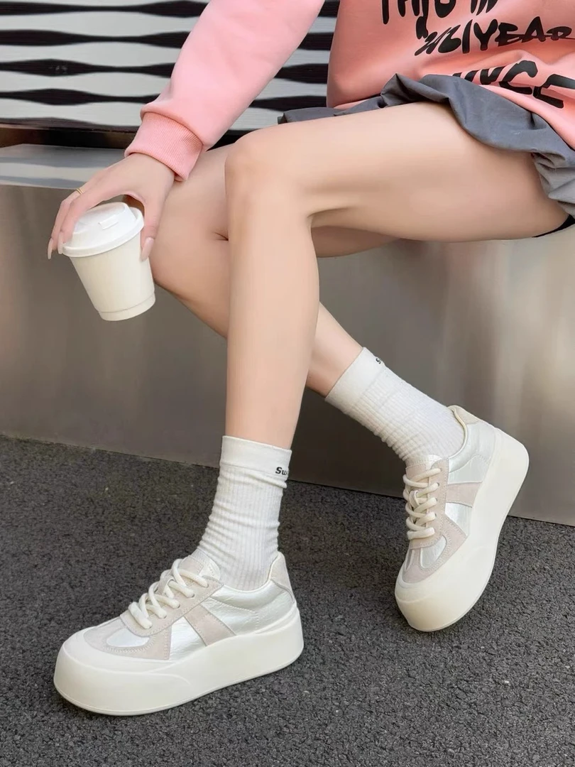 【欧货】2025春圆头板鞋增高休闲鞋休闲板鞋春季韩版厚底单鞋