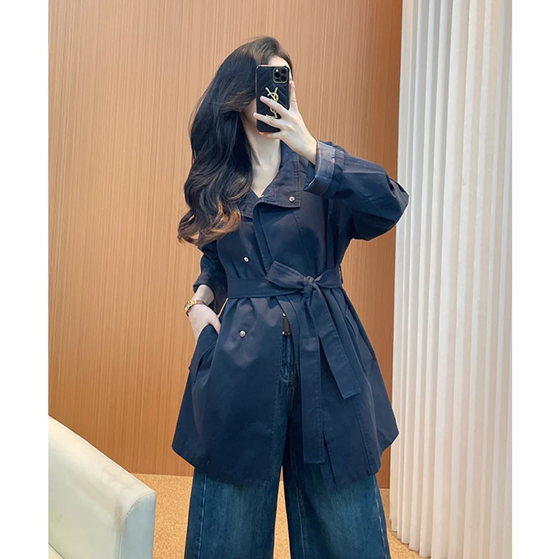 藏青风衣外套女款2025新款秋季女装正流行韩系百搭休闲小个子大衣