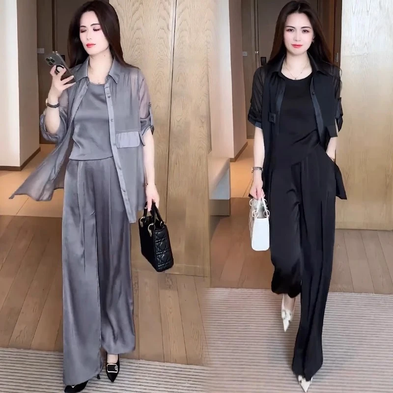 时尚套装女夏季新款洋气高腰显瘦气质外披吊带阔腿裤休闲三件套