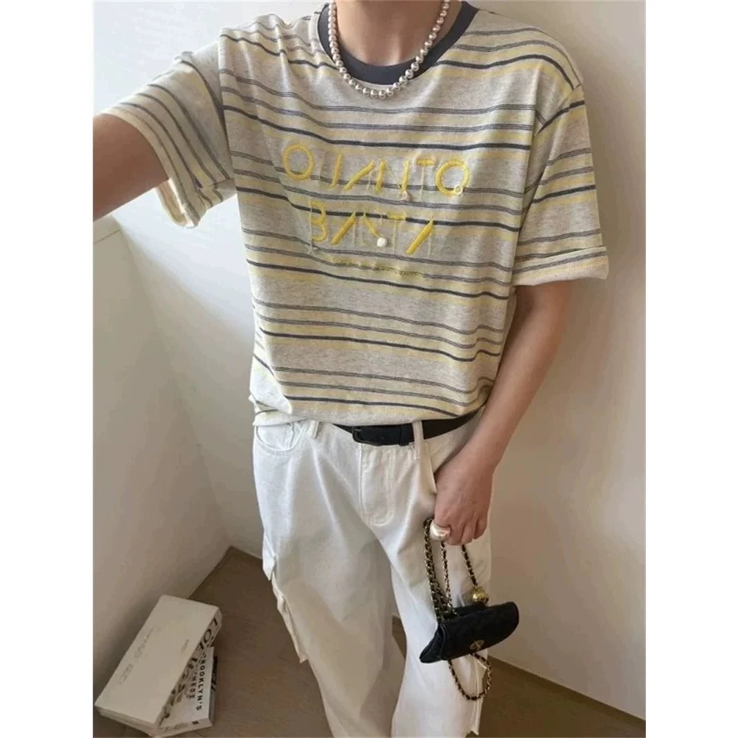 韩版时尚减龄简约百搭条纹拼色圆领短袖字母针织T恤上衣女5130