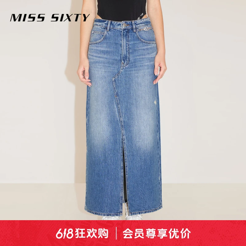 Miss Sixty2024春季新款牛仔半裙女前开衩复古磨破休闲百搭长裙