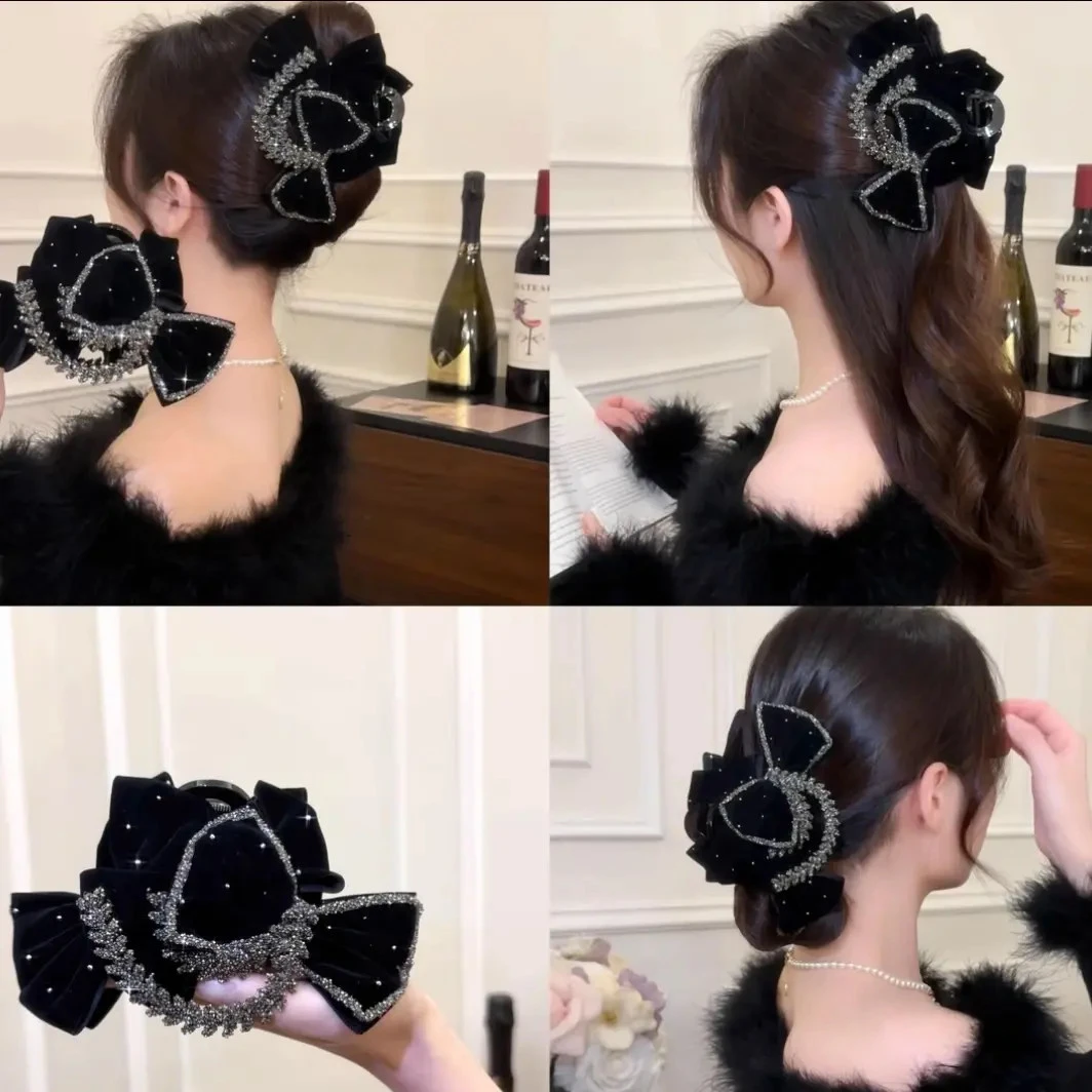 秋冬新款赫本风蝴蝶结抓夹女高级感气质后脑勺盘发鲨鱼夹发夹头饰