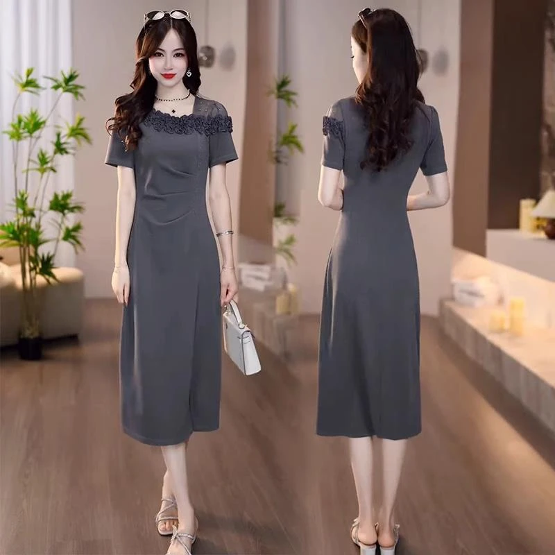 设计感小心机斜肩连衣裙女2025夏季新款收腰显瘦网纱拼接性感裙子