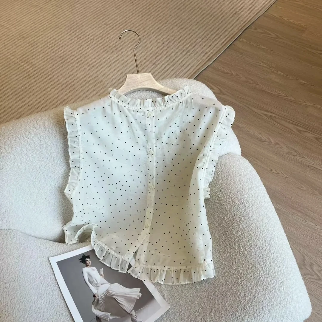 法式甜美木耳边无袖衬衫女2025夏季新款简约百搭宽松气质波点上衣