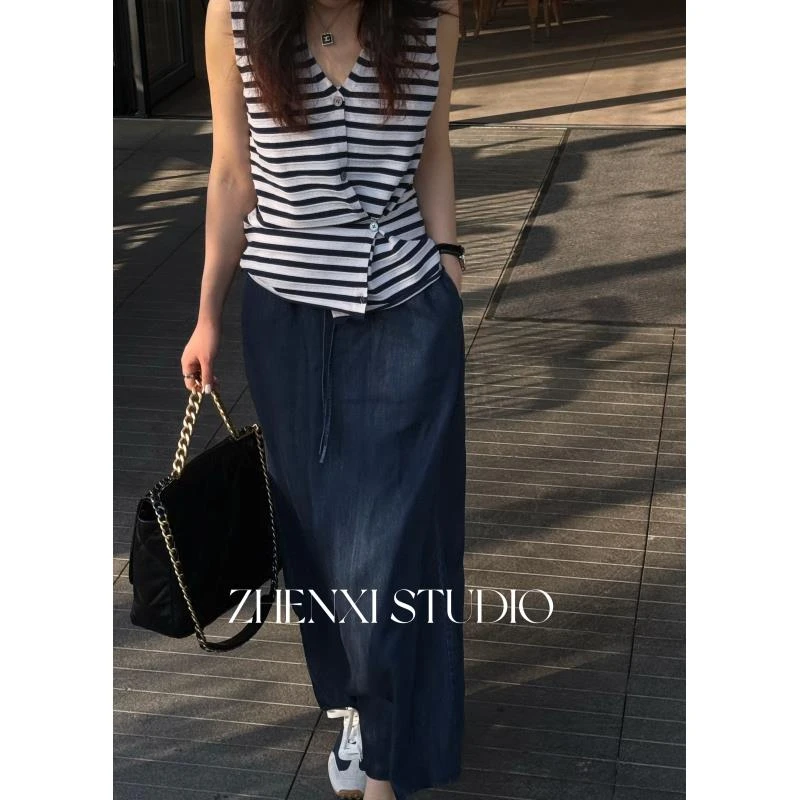 针西【松弛半裙】高个子松紧腰抽绳设计简约牛仔蓝长款半裙K80199