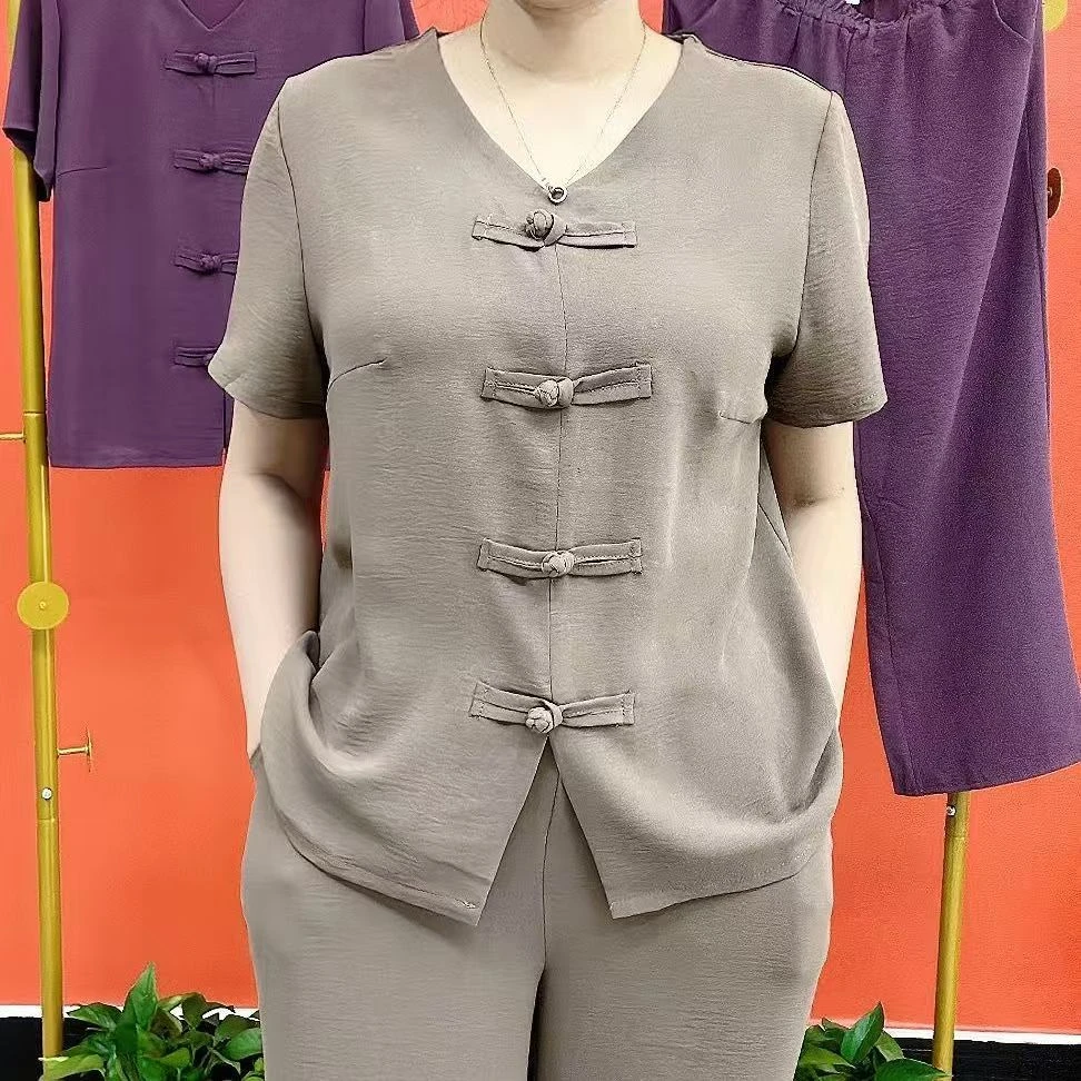 夏季薄款短袖两件套女时尚新款v领盘扣直筒裤套装减龄显瘦妈妈装