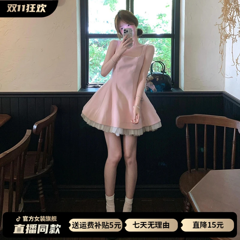 夏季2025新款爆款掐腰独特漂亮无袖粉色吊带连衣裙女小个子蓬蓬裙
