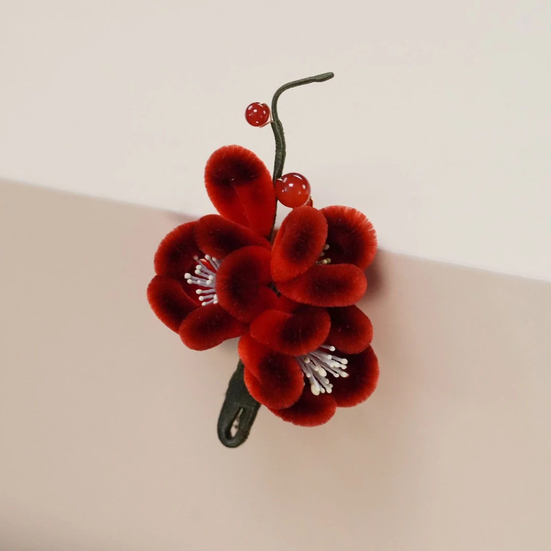 小红 发夹百搭非遗绒花发饰头饰可爱国风古风旗袍新中式小胖绒