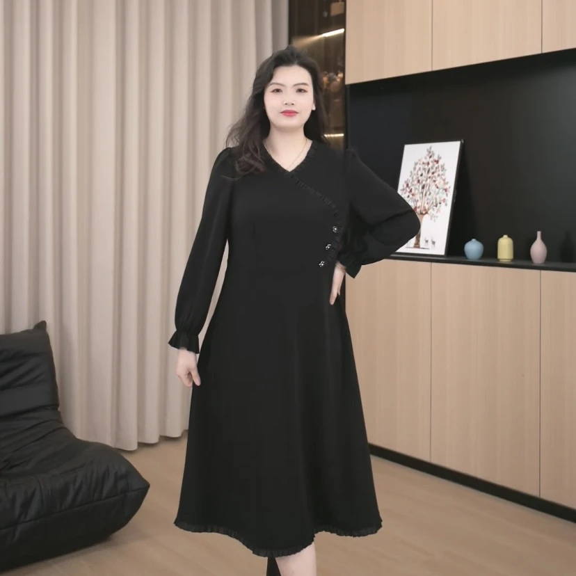 胖依依大码女装显瘦遮肉气质长袖时尚黑色连衣裙ZB6474