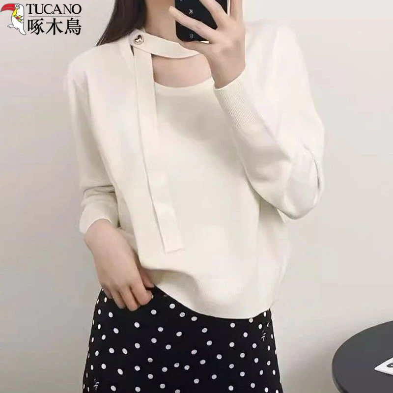 啄木鸟设计感圆领打底针织衫女秋冬新款时尚洋气显瘦早秋套头毛衣