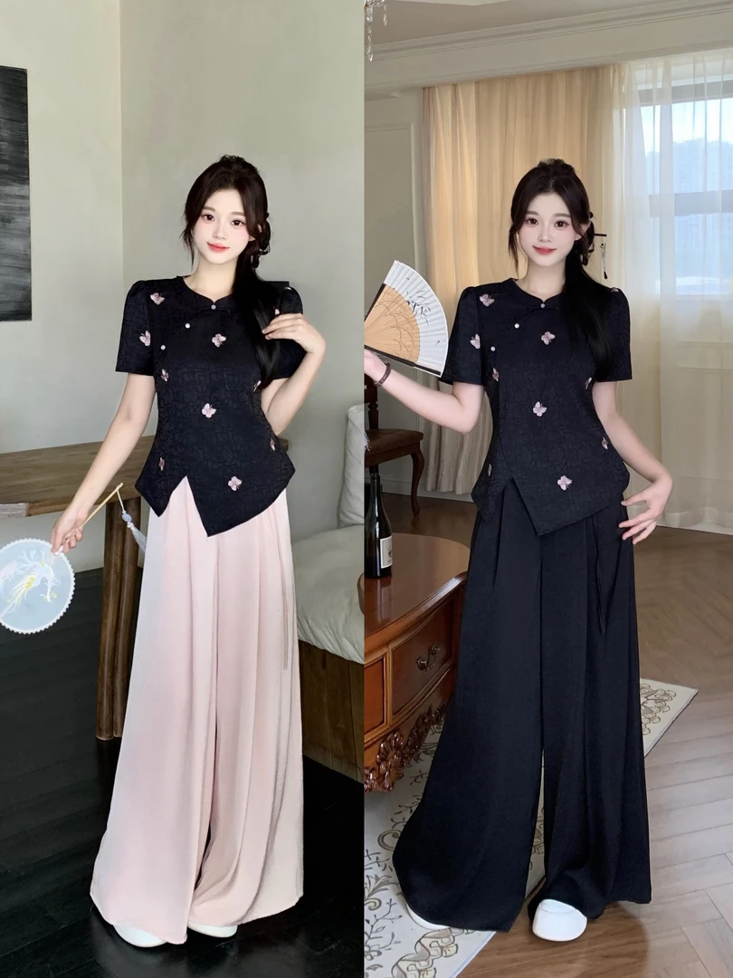 2025新中式蝴蝶刺绣大码女装气质显瘦上衣阔腿裤套装 22359+22314