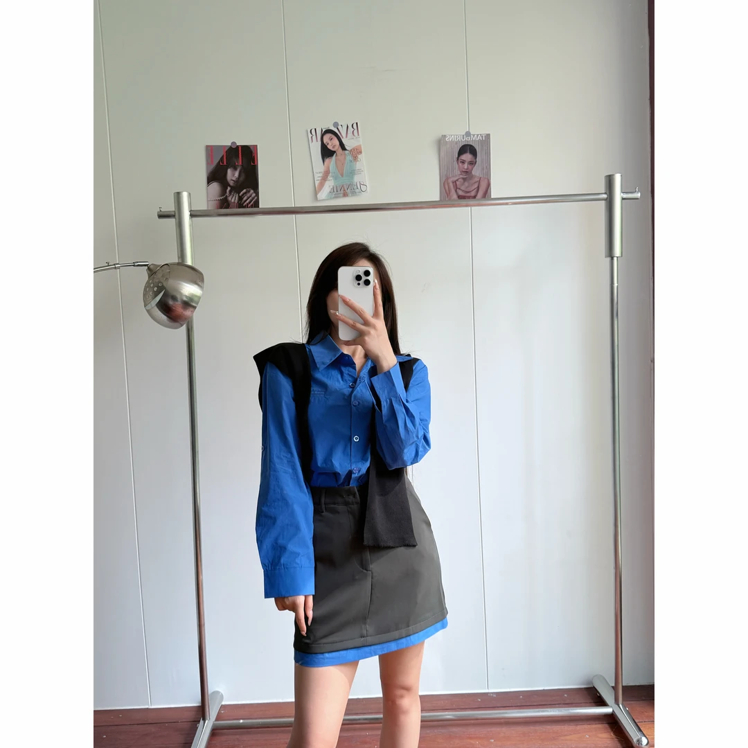 A622早秋新款时尚洋气韩系百搭通勤衬衣披肩高腰西装半裙三件套