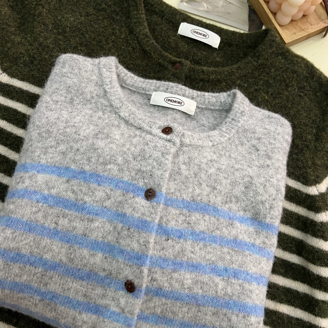 绒品 韩系条纹拼色加厚圆领开衫针织衫