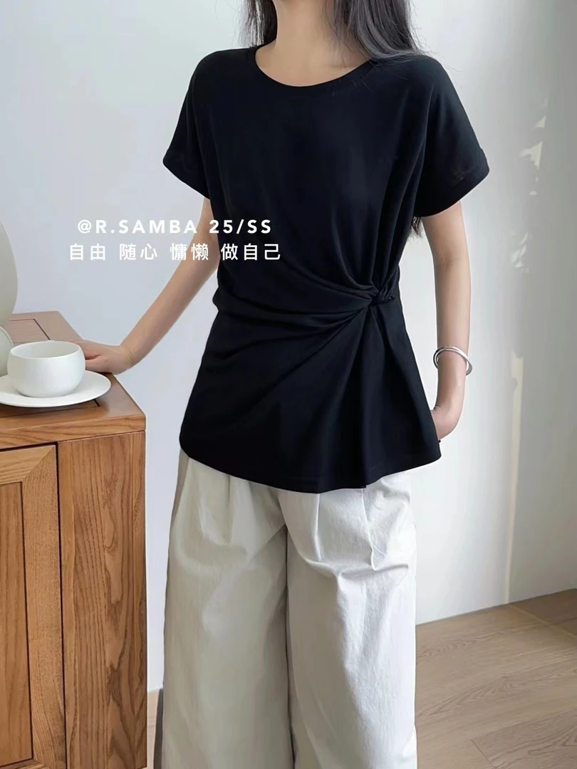 [韩系简约]腰纽折皱洋气短袖上衣气质夏季宽松显瘦