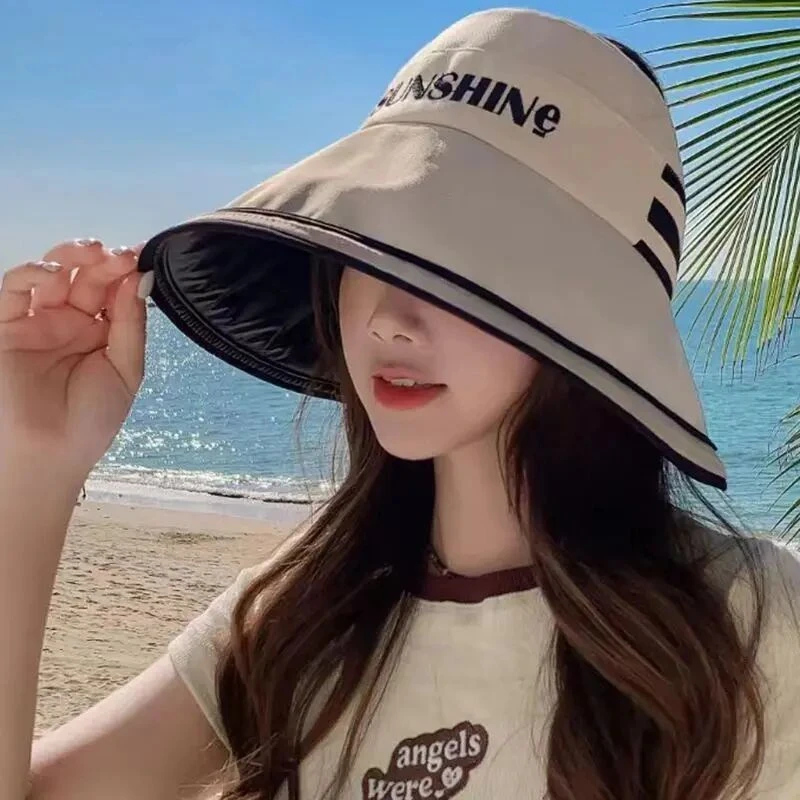 黑胶遮阳防晒帽子女夏季防紫外线遮脸空顶超大檐可折叠太阳帽HR