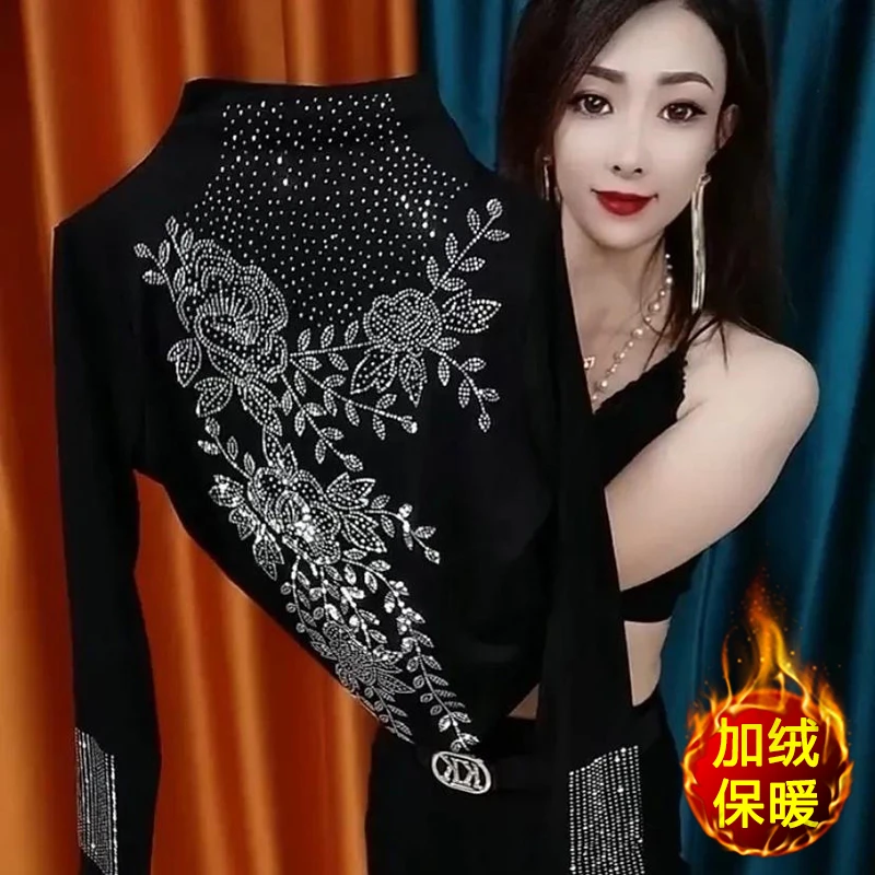 洋气时尚妈妈装弹力打底衫宽松长袖重工烫钻半高领显瘦T恤上衣女