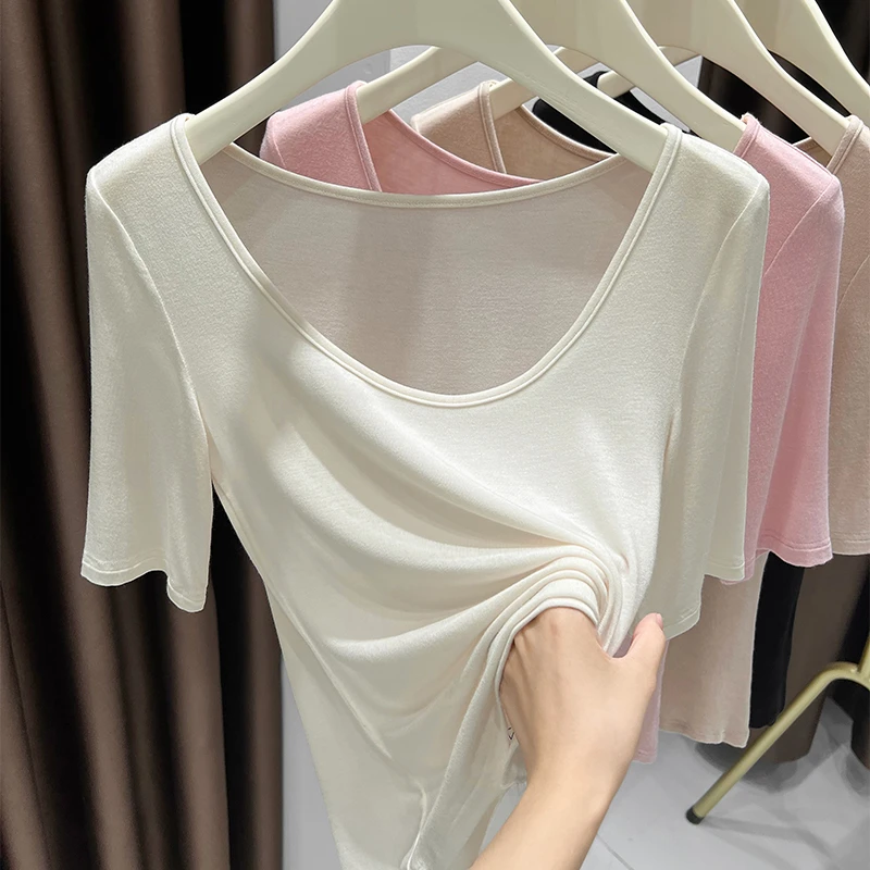 大领口低胸白色五分袖薄款打底衫上衣爆款2025夏季新款高级感T恤